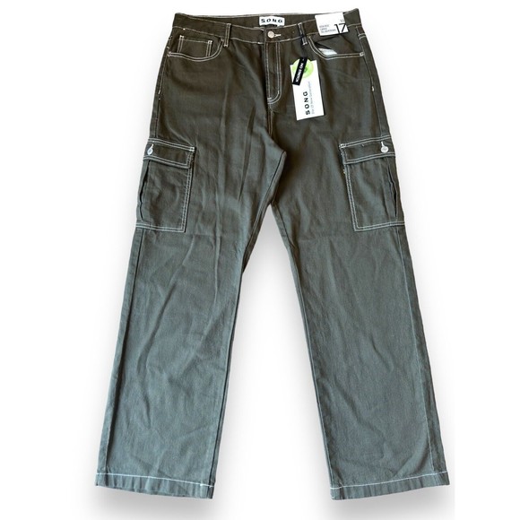 High Rise Cargo 90s Boyfriend Slouchy Baggy Jeans Wide Leg Army Green Size 17/33 - Picture 2 of 16